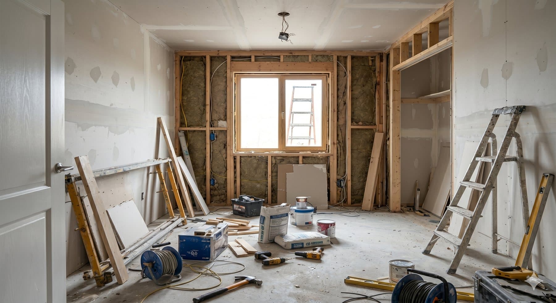 Before: the same room mid-renovation, stripped to studs